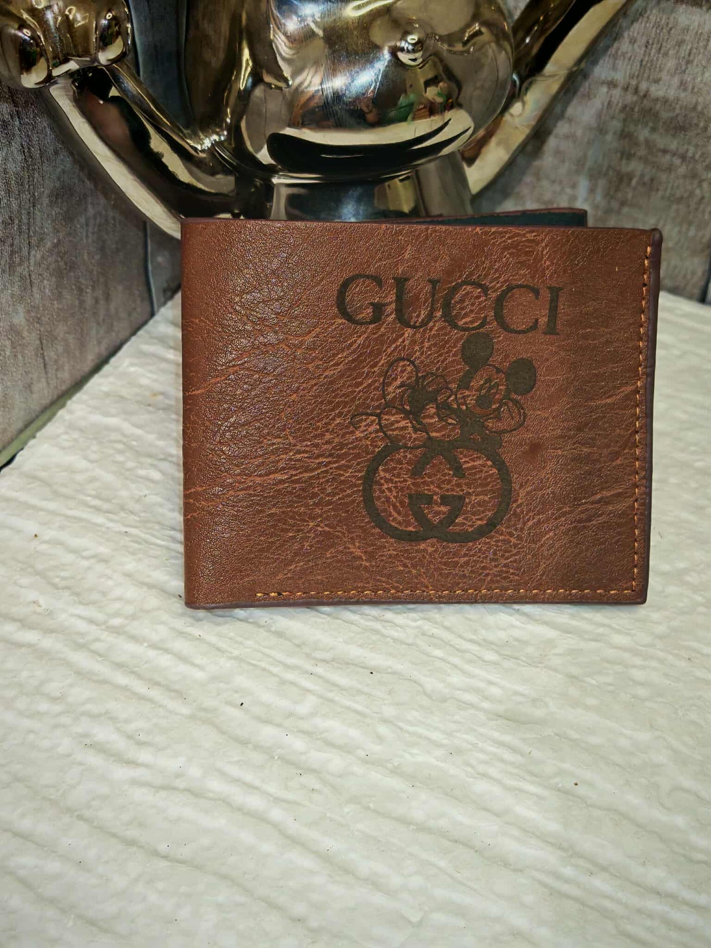 Portefeuille style luxe en similicuir marron – Motif Gucci & Mickey