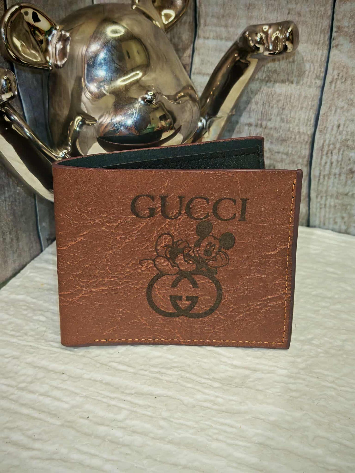 Portefeuille style luxe en similicuir marron – Motif Gucci & Mickey