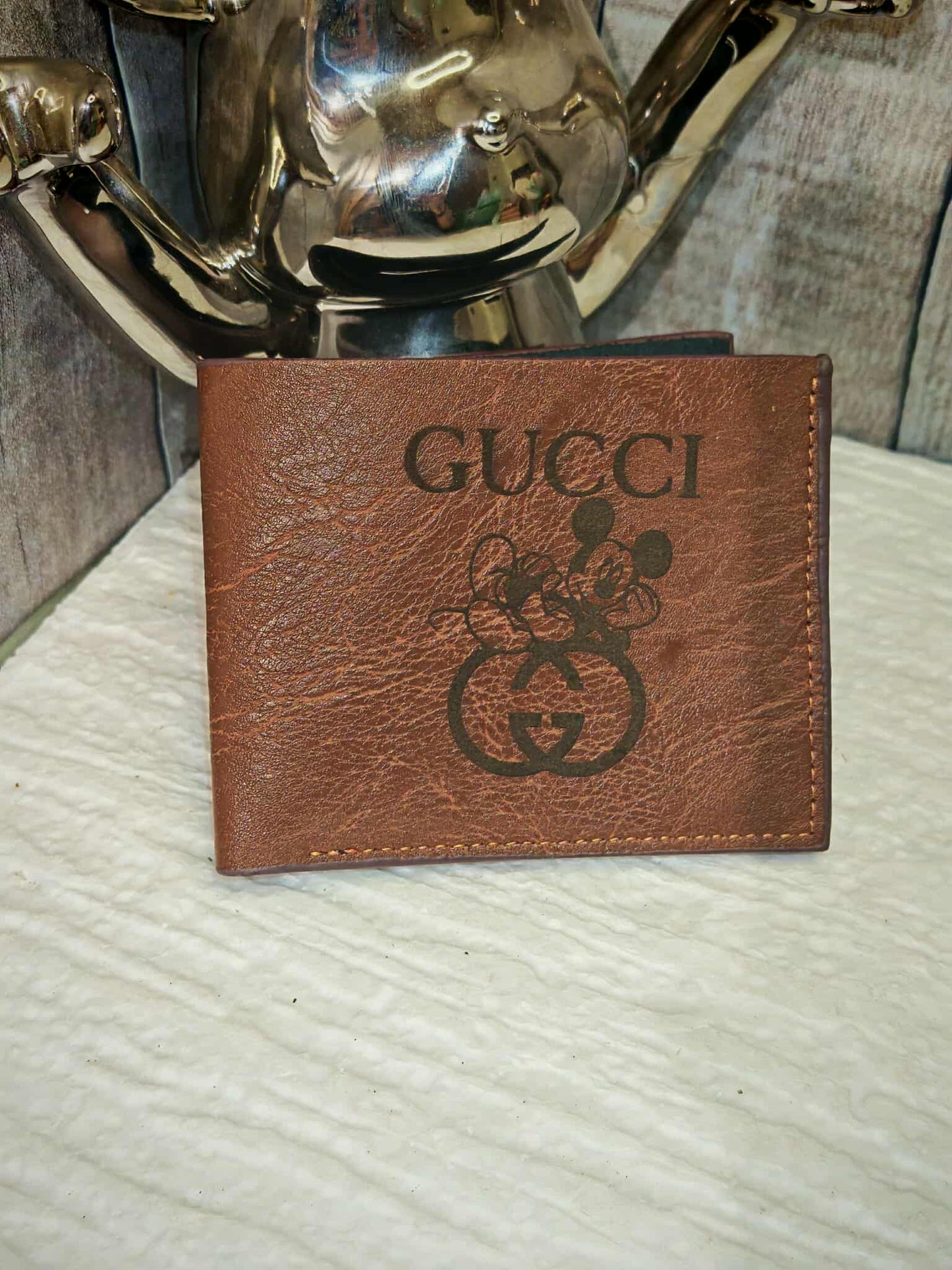 Portefeuille style luxe en similicuir marron – Motif Gucci & Mickey