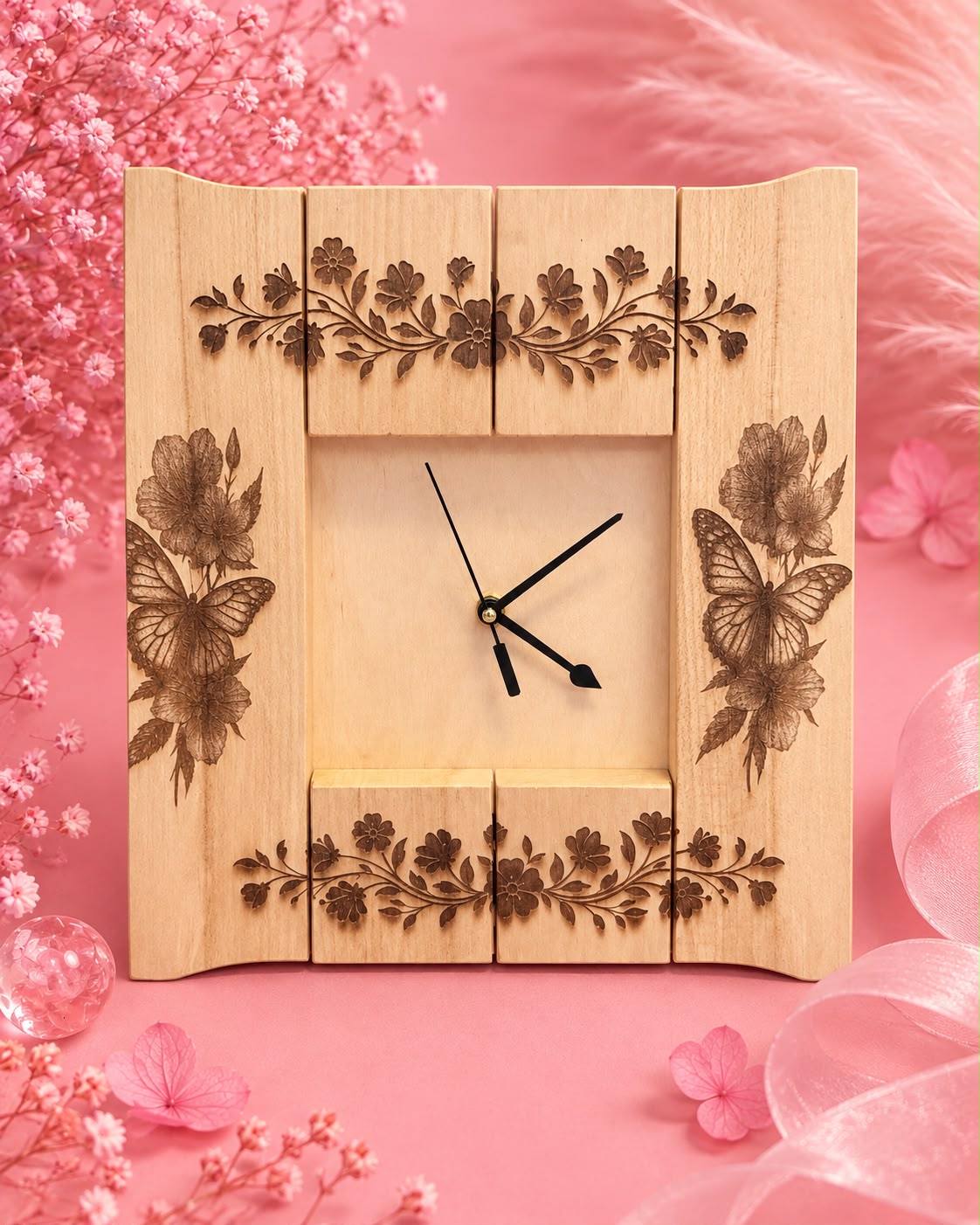 🌸🦋Horloge artisanale en bois gravée au laser – Fleurs & Papillons🌸🦋