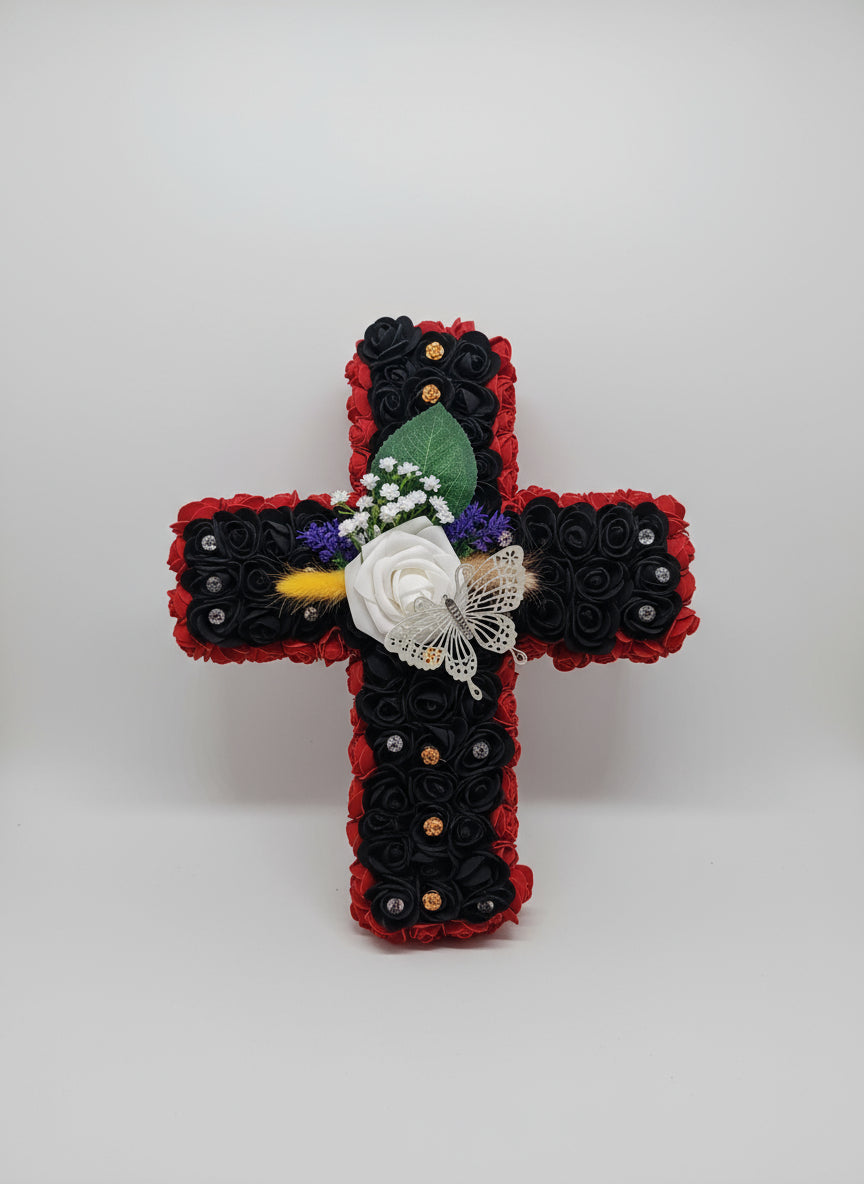 Croix Funéraire Artisanale (Fleurs Artificielles)