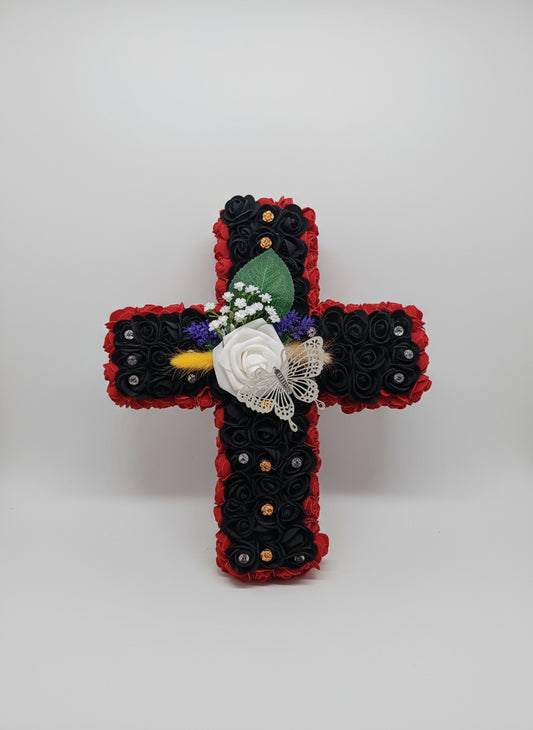 Croix Funéraire Artisanale (Fleurs Artificielles)