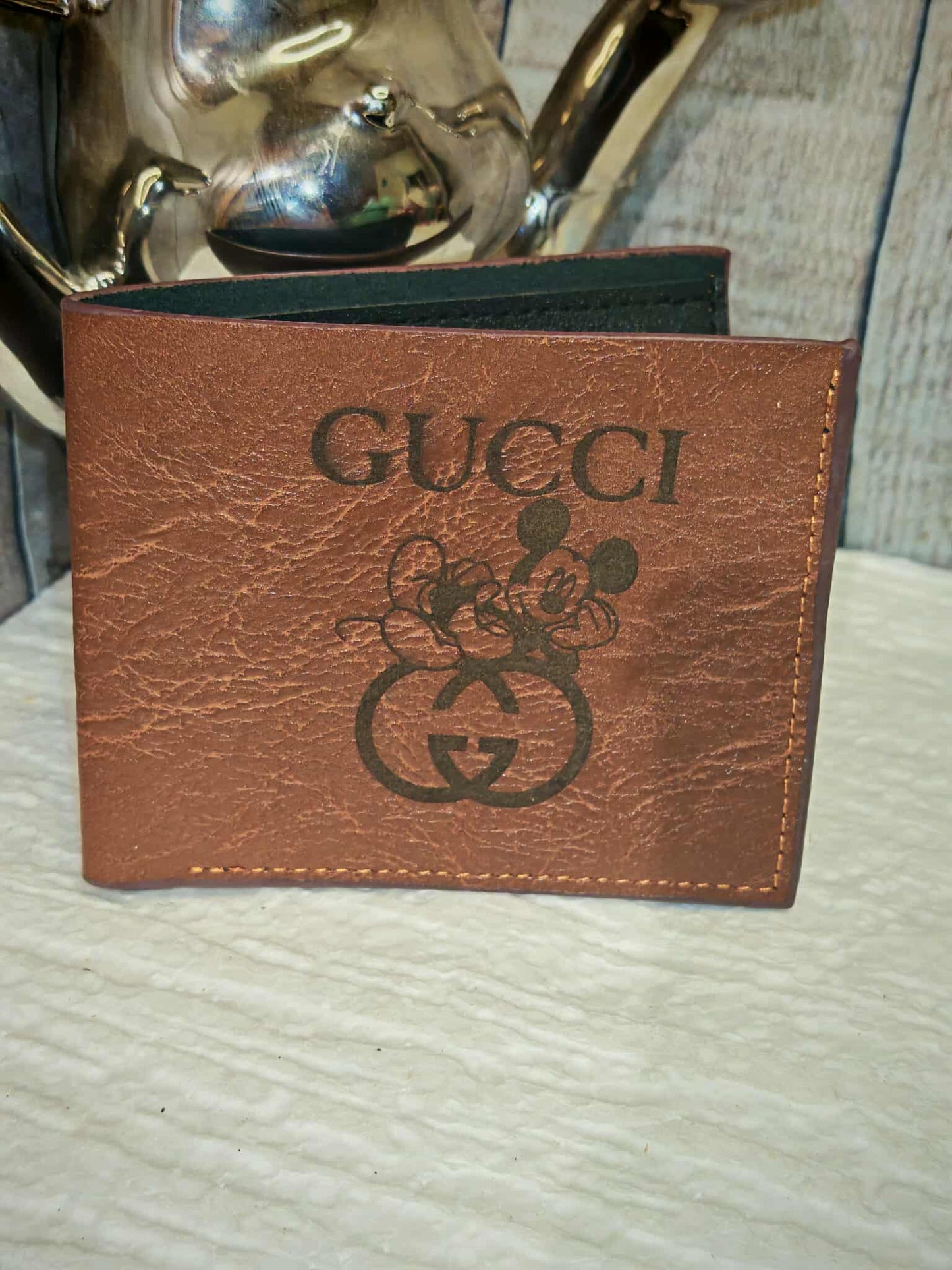 Portefeuille style luxe en similicuir marron – Motif Gucci & Mickey
